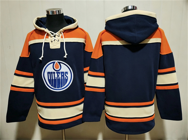 Men's Edmonton Oilers Blank Navy Lace-Up Pullover Hoodie